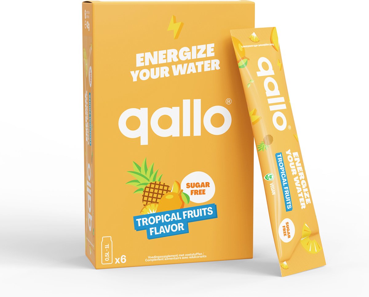 Qallo Energy Drink Poeder Tropical Fruits - 6 zakjes - Vegan Suikervrije Energizer - Met Vitamine B - Inhoud 6 x 7gr