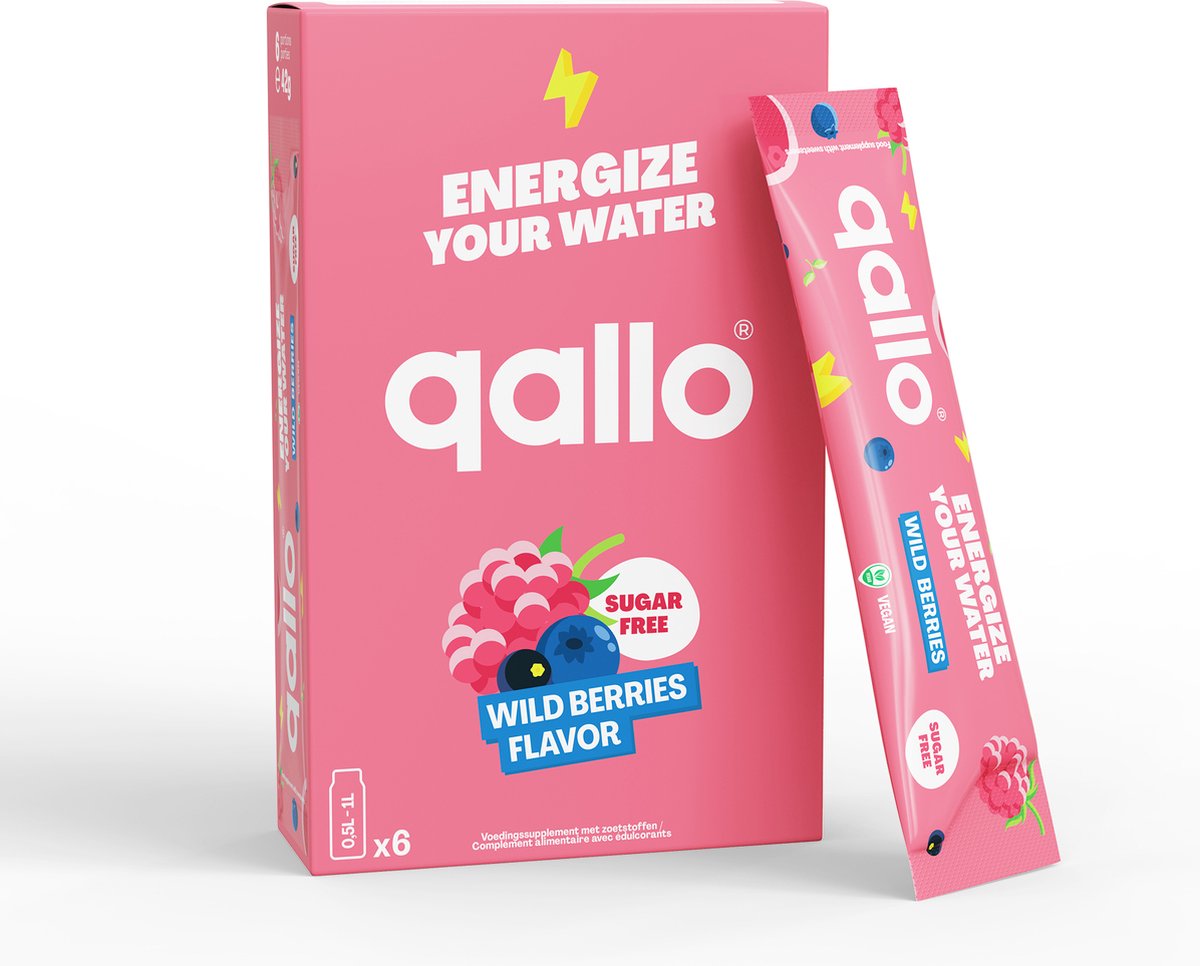 Qallo Energy Drink Poeder Wild Berries - 6 zakjes - Vegan Suikervrije Energizer - Met Vitamine B - Inhoud 6 x 7gr