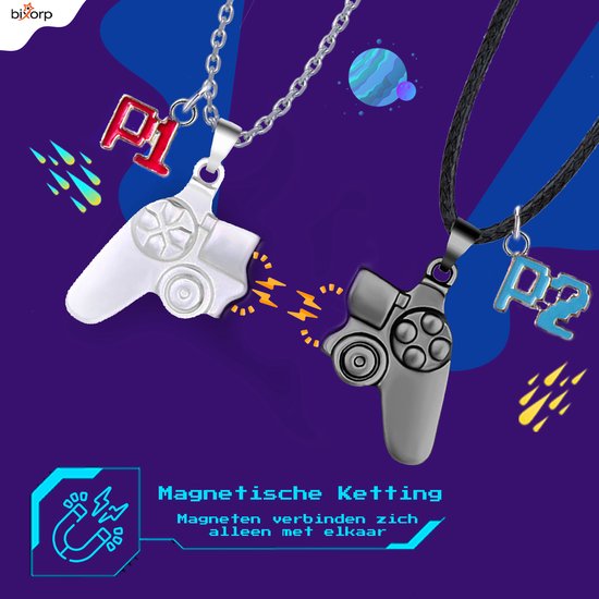 Twee magnetische, half-controller kettingen die elkaar aantrekken. Zilveren ketting met 'P1', zwarte ketting met 'P2'.