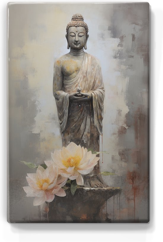 Boeddha met bloemen - Mini Laqueprint - 9,6 x 14,7 cm - Niet van echt te onderscheiden handgelakt schilderijtje op hout - Mooier dan een print op canvas. - LPS512