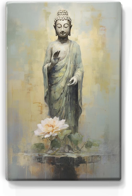 Boeddha met bloemen - Mini Laqueprint - 9,6 x 14,7 cm - Niet van echt te onderscheiden handgelakt schilderijtje op hout - Mooier dan een print op canvas. - LPS510