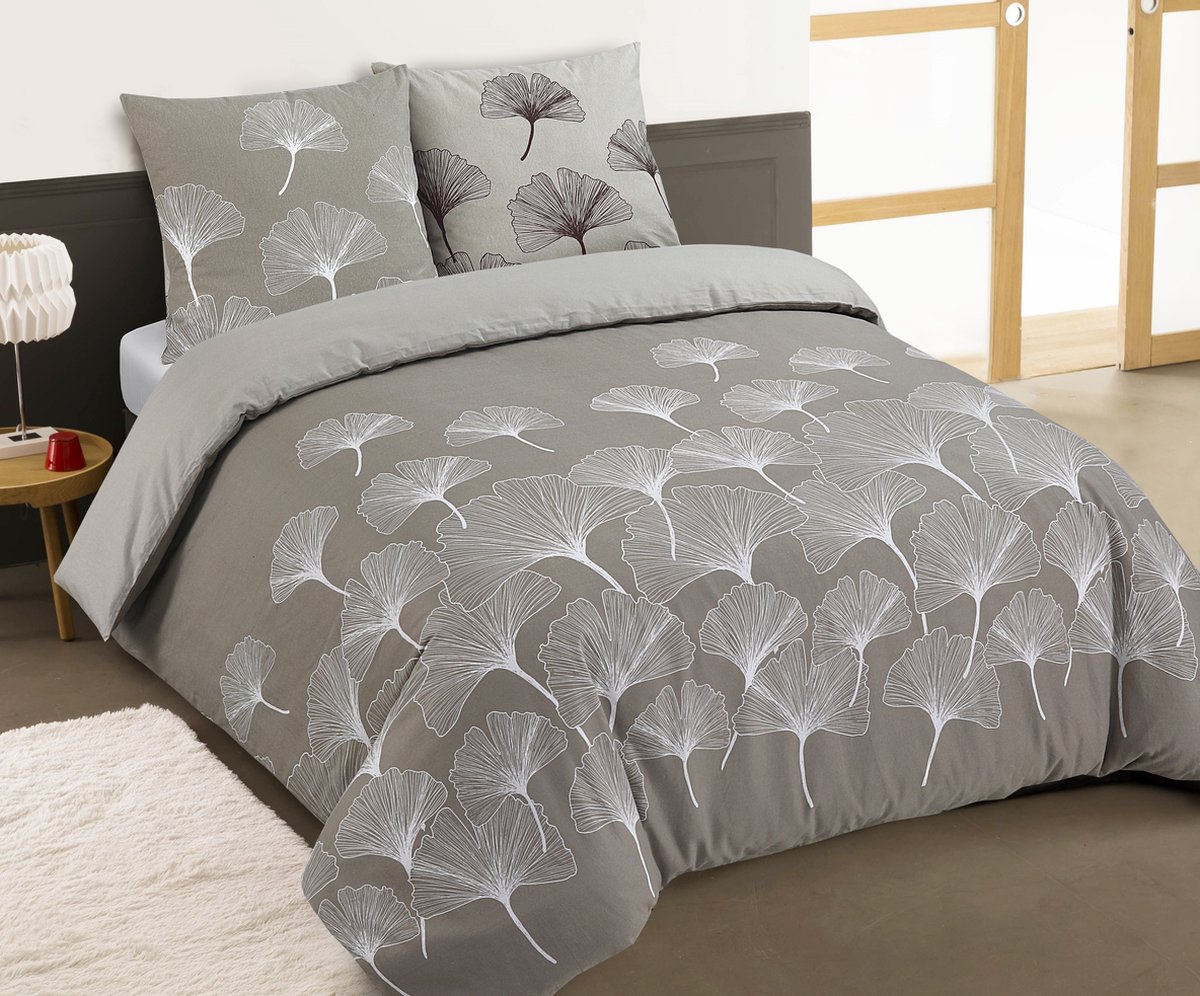VISION Ginko Flanel - Tweezijdig omkeerbaar Dekbedovertrekset - 100% katoen flanel: warm en zacht - Tweepersoons - Dekbedovertrek 200 x 200 cm met 2 bijhorende slopen - Beige - Oekotex gecertificeerd