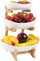 Staande fruittaart, keramische fruitbak, keukenopbergmand, werkblad, decoratieve schalen, 3 verdiepingen, fruitschaal, fruitmand, etagère met houten standaard, voor keukendecoratie, groente, fruit en