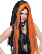 Funny Fashion Heksenpruik lang haar - zwart/oranje - dames - Halloween
