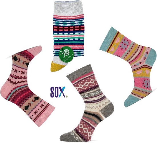 SOX superzachte warme fijne Noorse wollen sokken met 4 verschillende Scandinavische wintertekeningen in felle kleuren 4 PACK 37/42 Ass. 2