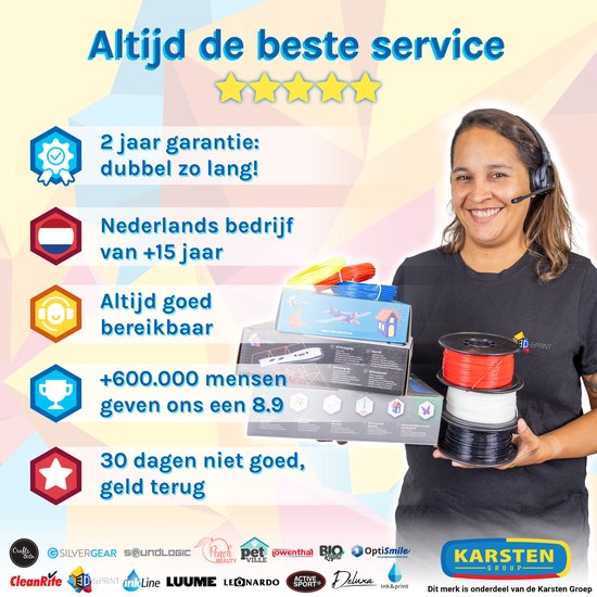Een vrouw met headset houdt meerdere dozen en spoelen filament vast. Links zeven iconen met tekst over garantie, service en klanttevredenheid.
