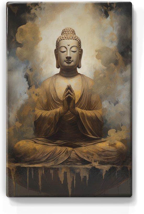 Boeddha met gevouwen handen - Mini Laqueprint - 9,6 x 14,7 cm - Niet van echt te onderscheiden handgelakt schilderijtje op hout - Mooier dan een print op canvas. - LPS502