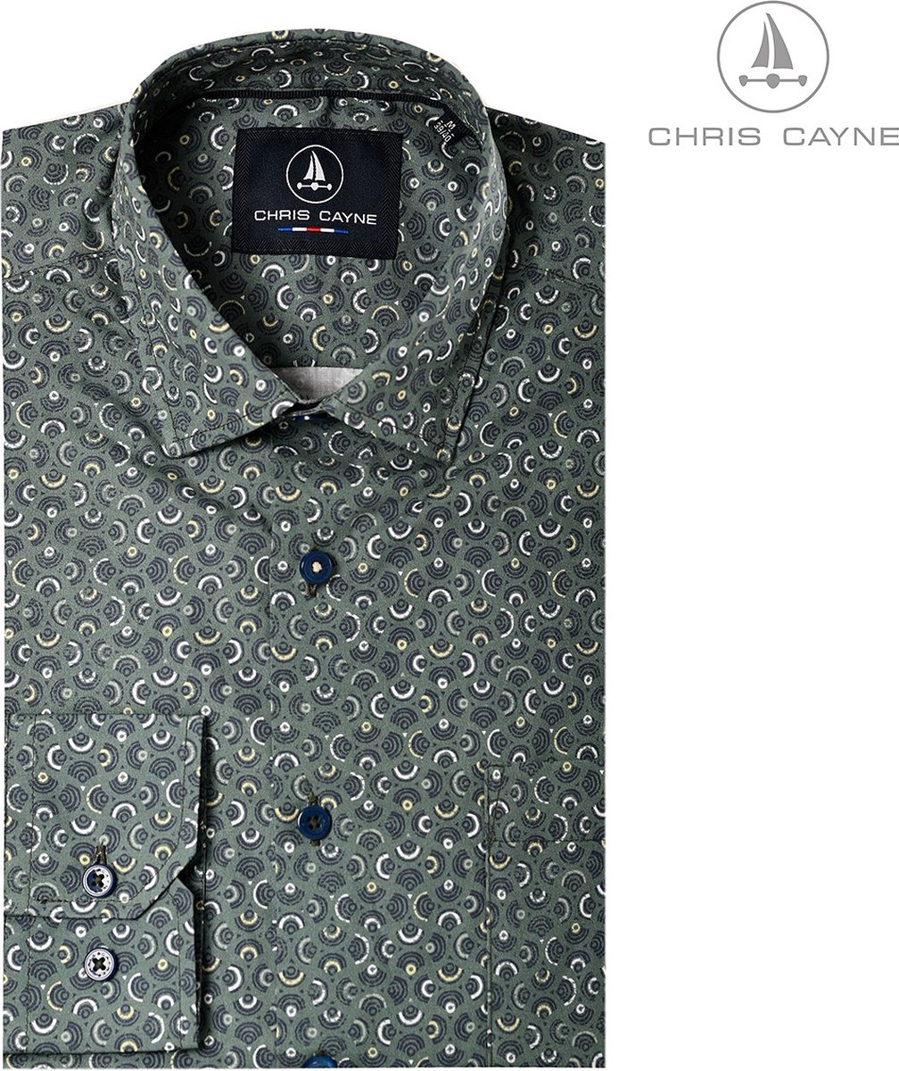 Chris Cayne heren blouse - overhemd heren - lange mouwen - 1106 - borstzak - groen print - maat 3XL