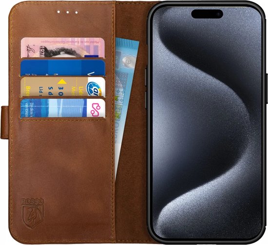 Rosso Deluxe Echt Leer Book Case Hoesje Geschikt voor Apple iPhone 15 Pro Max | Ruimte voor drie pasjes | Portemonnee Book Case | Met Pasjeshouder | Bruin