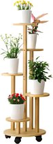 Bamboe bloemenstandaard met wielen, 5-laags plantenstandaard 90CM bloemenplank balkon, bloementrap voor binnen voor bloempotten, natuurlijke plantenplank voor woonkamer slaapkamer tuin, Ø19cm