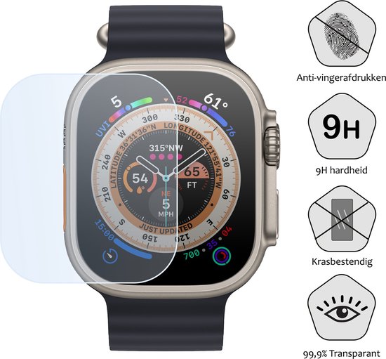 Screenprotector van gehard glas op Apple Watch Ultra met indicaties voor 9H hardheid, krasbestendig en anti-vingerafdrukken.