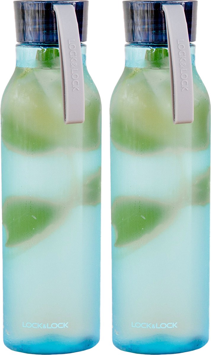 Lock&Lock Waterfles - Drinkfles - 550 ml - Tritan (Copolyester) - Volwassenen en Kinderen - BPA vrij - Lekvrij - Blauw - Duurzaam - Set van 2 stuks