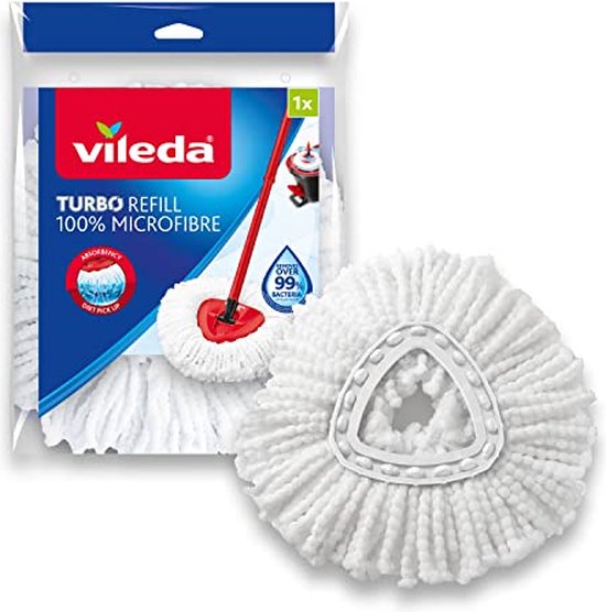 Recharge Vileda Turbo, 100% microfibre, serpillière blanche avec tête rouge/grise.