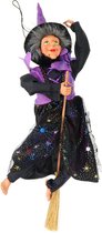 Creation decoratie heksen pop - vliegend op bezem - 40 cm - zwart/paars - Halloween versiering