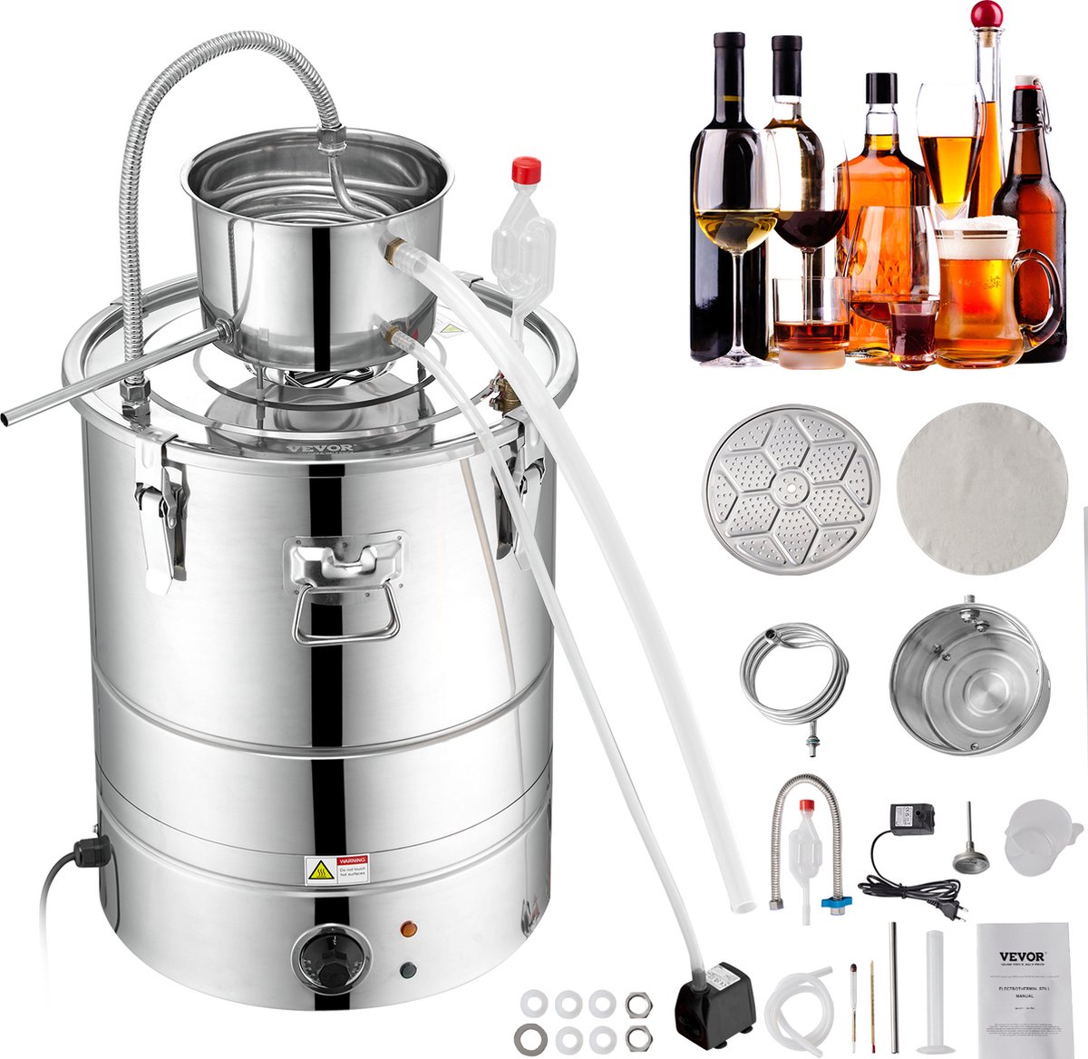 VEVOR Water Distilleerder 30l Destillatie Plant 1800w Roestvrijstalen Liquor Distilling Distiller Complete Set Inbegrepen Eindproducten Fruit Wijnen