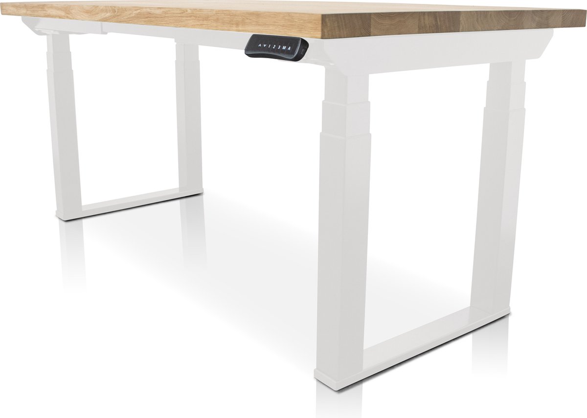 Multi Ratio Zit-sta bureau met massief eiken blad 160 x 80 cm - MRC PRO Solid NEN-EN 527 - elektrisch verstelbaar - frame wit - 125 cm hoog - 200KG draagvermogen