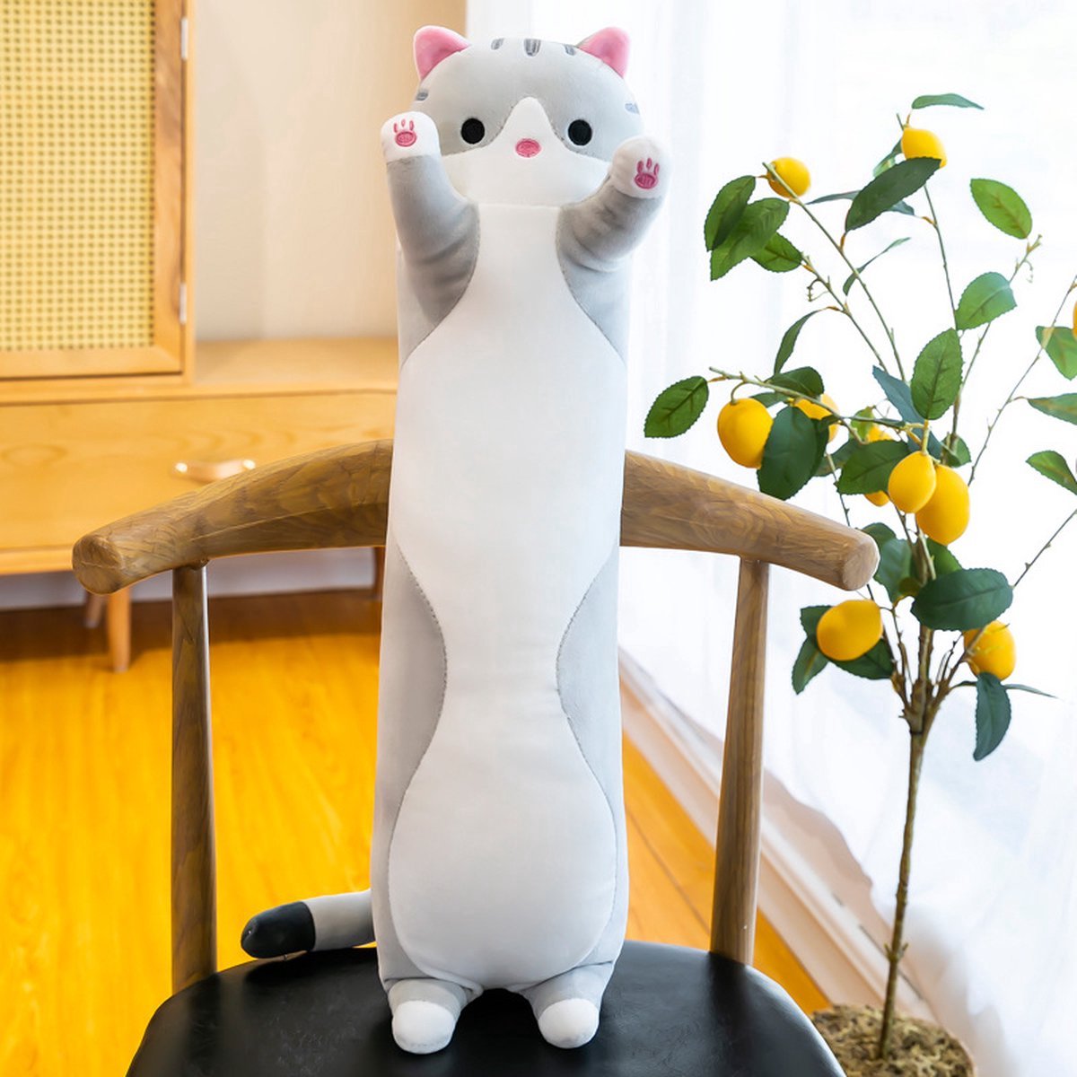 Staza - Kat Knuffel - Mood Knuffel - 50 cm - Poes Kussen - Speelgoed Knuffel Kat - Kawaii - Duurzaam - Kind - Veilig - Grijs — afbeelding 3