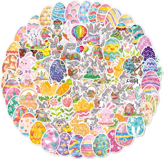 Autocollants Joyeuses Pasen - 100 Autocollants de Pâques avec lapins de Pâques, œufs de Pâques, poussins, printemps - Décoration de Pâques