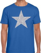Zilveren ster glitter t-shirt blauw heren - shirt glitter ster zilver L