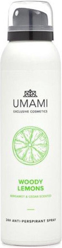 Umami Woody Lemons 24H anti-transpirant spray met bergamot & cederhout geur. Witte bus met groene citroenillustratie.