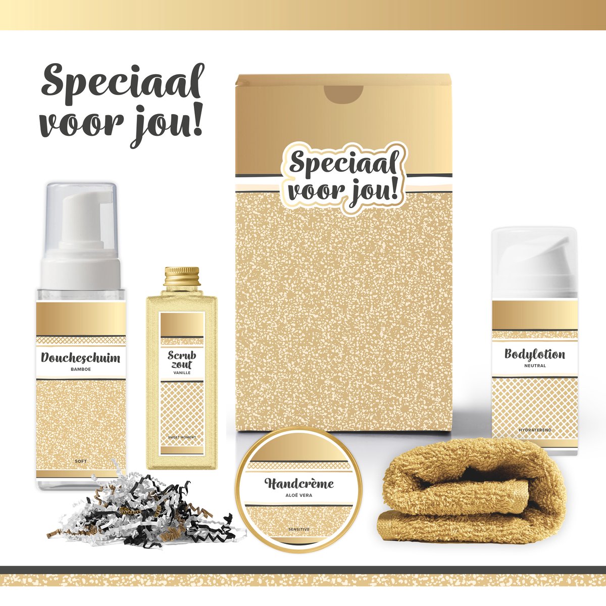 Goedkoopste Geschenkset “Speciaal voor jou!” - 5 producten - 530 gram | Luxe Cadeaubox voor haar - Wellness Pakket Vrouw - Giftset Vriendin - Moeder - Cadeaupakket Collega - Cadeau Zus - Verjaardag Oma - Moederdag - Kerstpakket - Kerst Cadeau - Goud