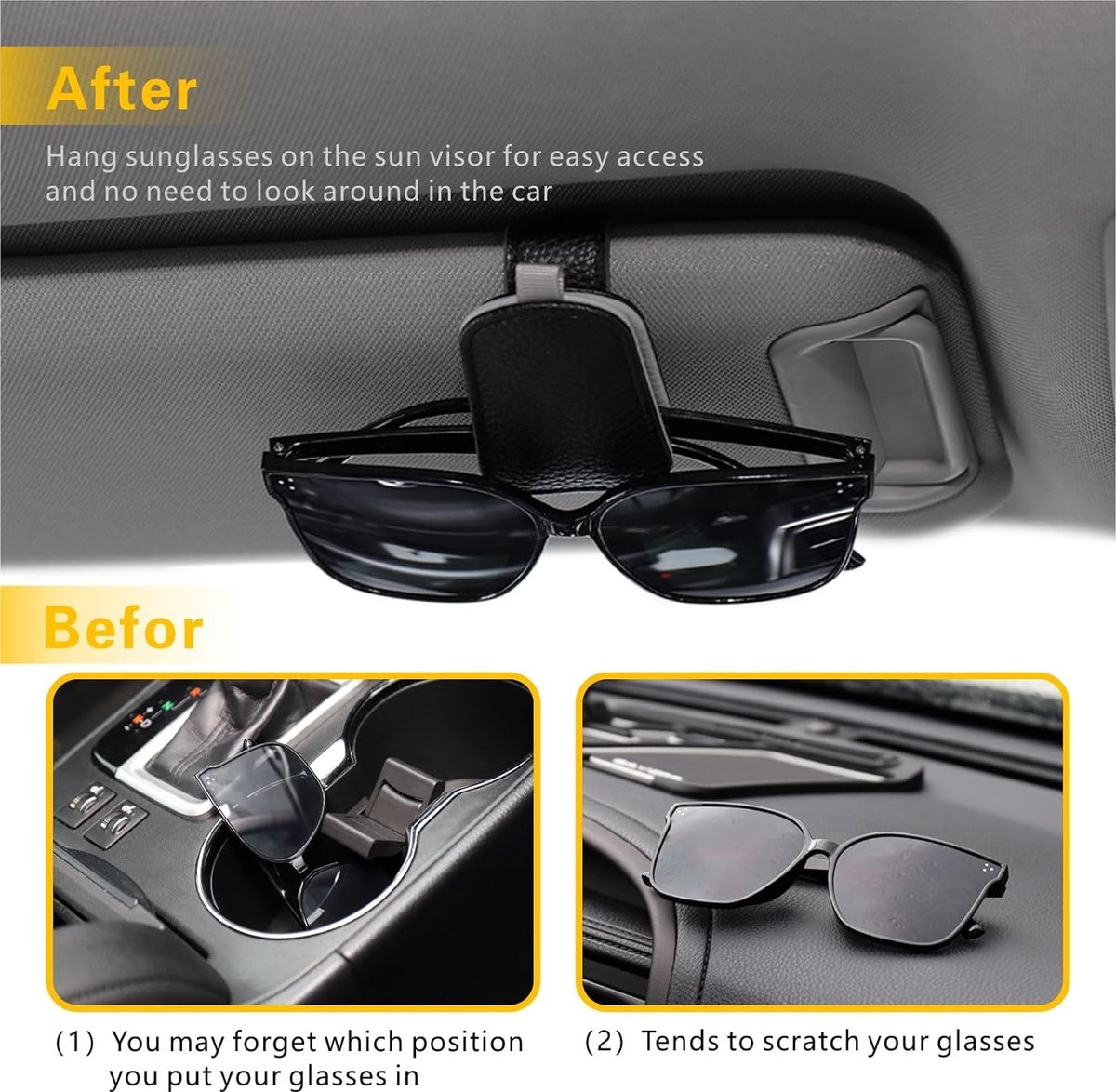 2 stuks brillenhouders voor auto, PU synthetisch leer, zonnebrilhouder auto