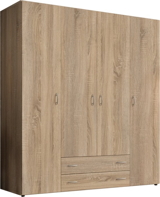 Woonexpress Kledingkast Baarlo - Kledingkast Slaapkamer - Eiken - Opbergkast met Deuren - 160x176x52 cm (BxHxD) - 4 Planken, 2 Roedes & 2 Lades