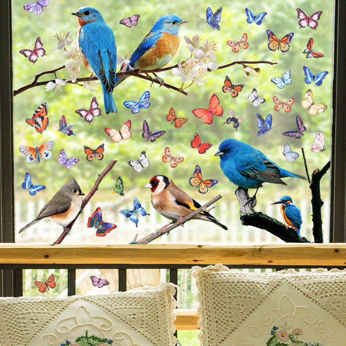 Stickerkamer®, Autocollant de fenêtre, Oiseaux sur branche avec fleurs, Mésange
