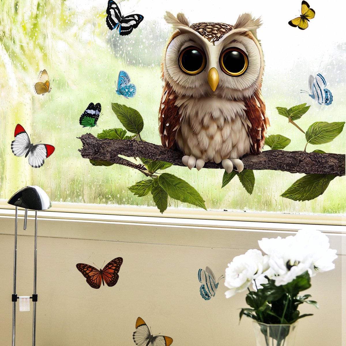 Stickerkamer®, Autocollant de fenêtre, Chouette sur branche avec  papillons, Imprimé