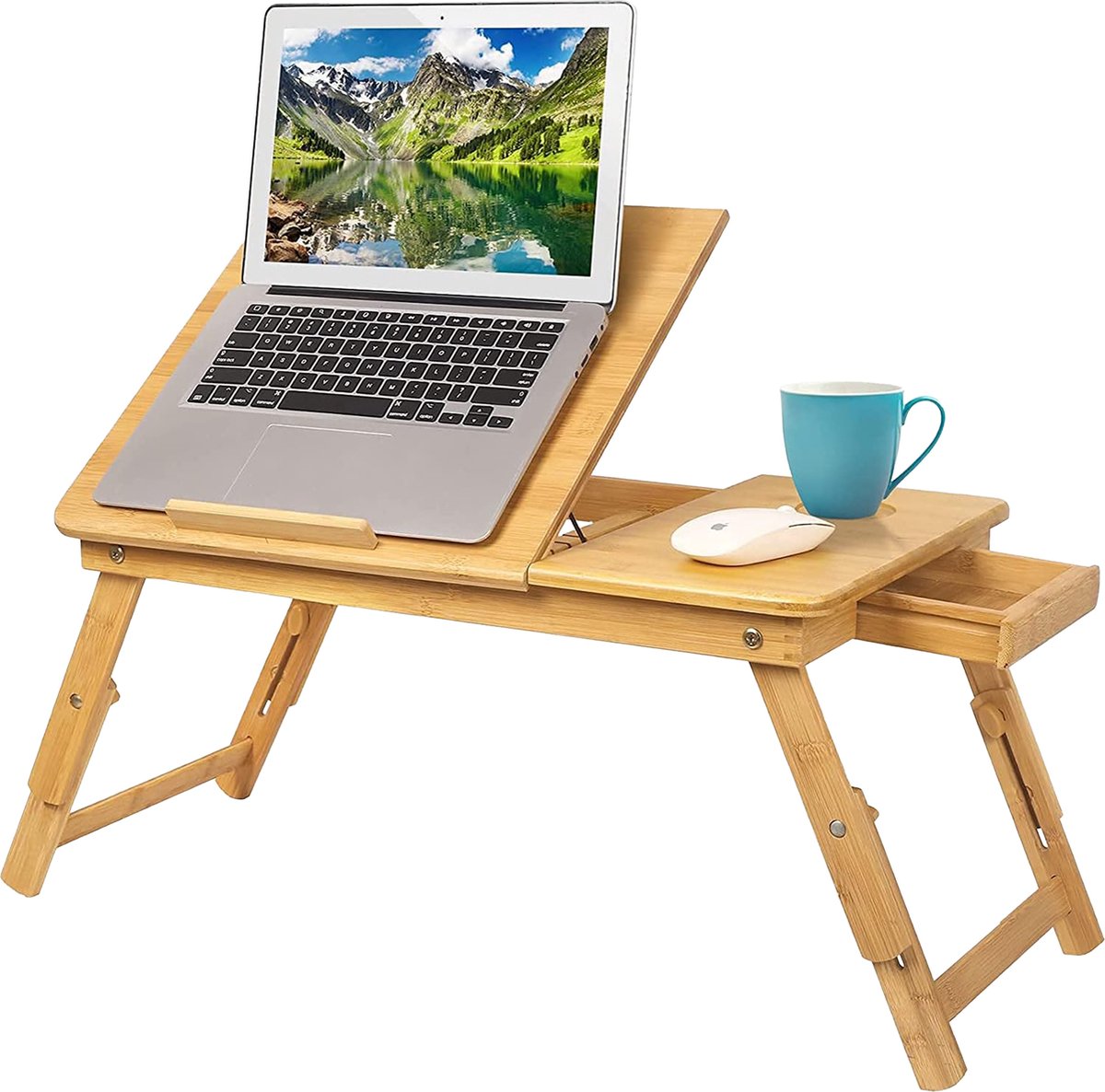Bedtafel, ivoor, ontbijt, inklapbaar, verstelbaar, draagbaar, voor laptop, pc, notebook-, computer-, tabletstandaard, 60 x 40 x 28 cm (ivoor
