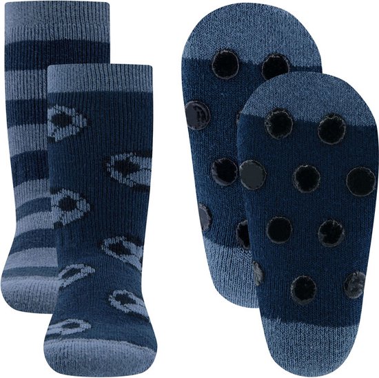 Chaussettes Antidérapantes Ewers - Lot de 2 - Ballons de Jouer au football & Rayures - Blauw & Gris Bleu - Pois Antidérapants - taille 35/38