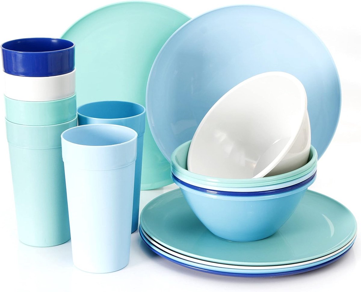 Groot servies - Totaal 18 stuks. 6 sets plastic servies. Elke set bevat een kom van 1000ML, een beker van 600ML en een bord van 25CM. VEILIG GEBRUIK - Kindveilig, magnetronveilig. Vaatwasserbestendig, 100% niet giftig. Duurzaam en herbruikbaar. Veili