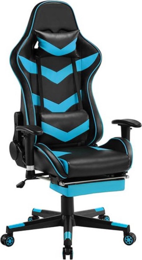 Gamingstoel, racestoel, ergonomische draaistoel, in hoogte verstelbaar, pc-stoel met voetensteun, hoge rugleuning met verstelbare armleuningen, neonblauw
