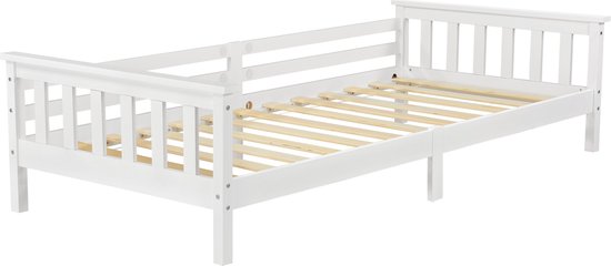 Kinderbed Primula - Met bedbodem en valbeveiliging - 90x200 cm - Wit - Sparrenhout en Multiplex - Voor meisjes - Voor jongens