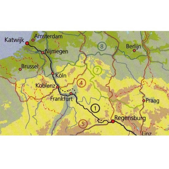 Kaart van fietsroute 1 van Katwijk naar Regensburg. Steden zoals Amsterdam, Nijmegen, Koblenz, Frankfurt en Regensburg.