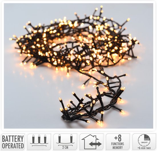 Micro Cluster 200 led - 4m - warm wit - werkt op Batterij - 8 Lichtfuncties - Geheugen - Timer