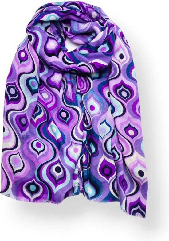 Lange dames sjaal Gerda retro fantasiemotief paars lila mauve lavendel azalia petrol blauw groen wit