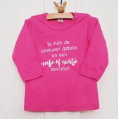 Shirt Aankondiging zwangerschap T-shirt ik heb de ooievaar gebeld en een nichtje of neefje besteld | lange mouw | roze | maat 92 | zwangerschap aankondiging bekendmaking Baby
