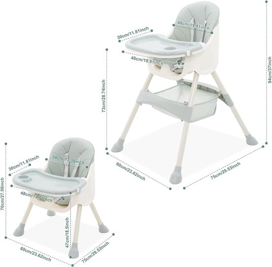 HOMCOM Chaise haute bébé chaise haute réglable et pliable pour 6-36 mois PP  acier