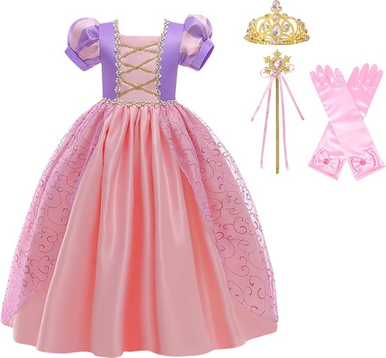 Prinsessenjurk meisje - Roze / Paarse jurk - maat 110/116 (120) - Het Betere Merk - Verkleedkleding meisje - Carnavalskleding Kind - Kleed - Lange handschoenen - Kroon - Toverstaf