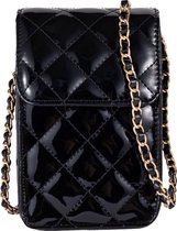 Nouka Zwarte Kleine Dames Tas – Schoudertas – Crossbody – Telefoontasje – Telefoon Tas - Avondtasje - met Diamant Patroon en Gouden Tassenriem / Schouderriem - Voor Vrouwen