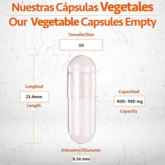 Veganistische Capsules Leeg - Grootte ''00'' - 1000 stuks. Lege Capsules Verpakt in 100% Biologisch afbreekbare Zakken.