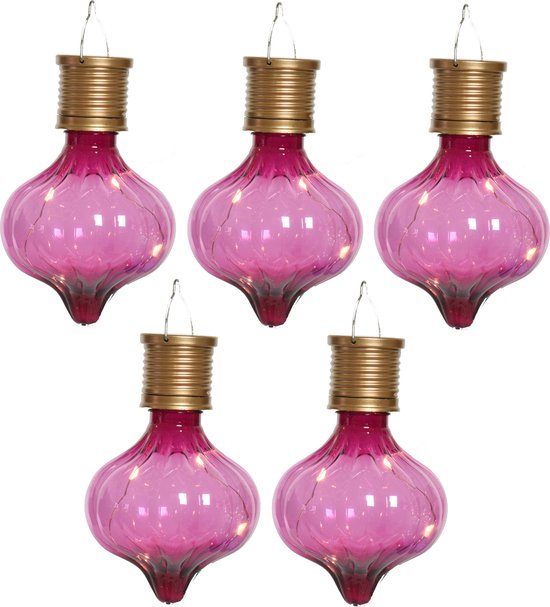 Lampe à suspension solaire Lumineo LED - 10x - Marrakech - rose fuchsia - plastique - D8 x H12 cm