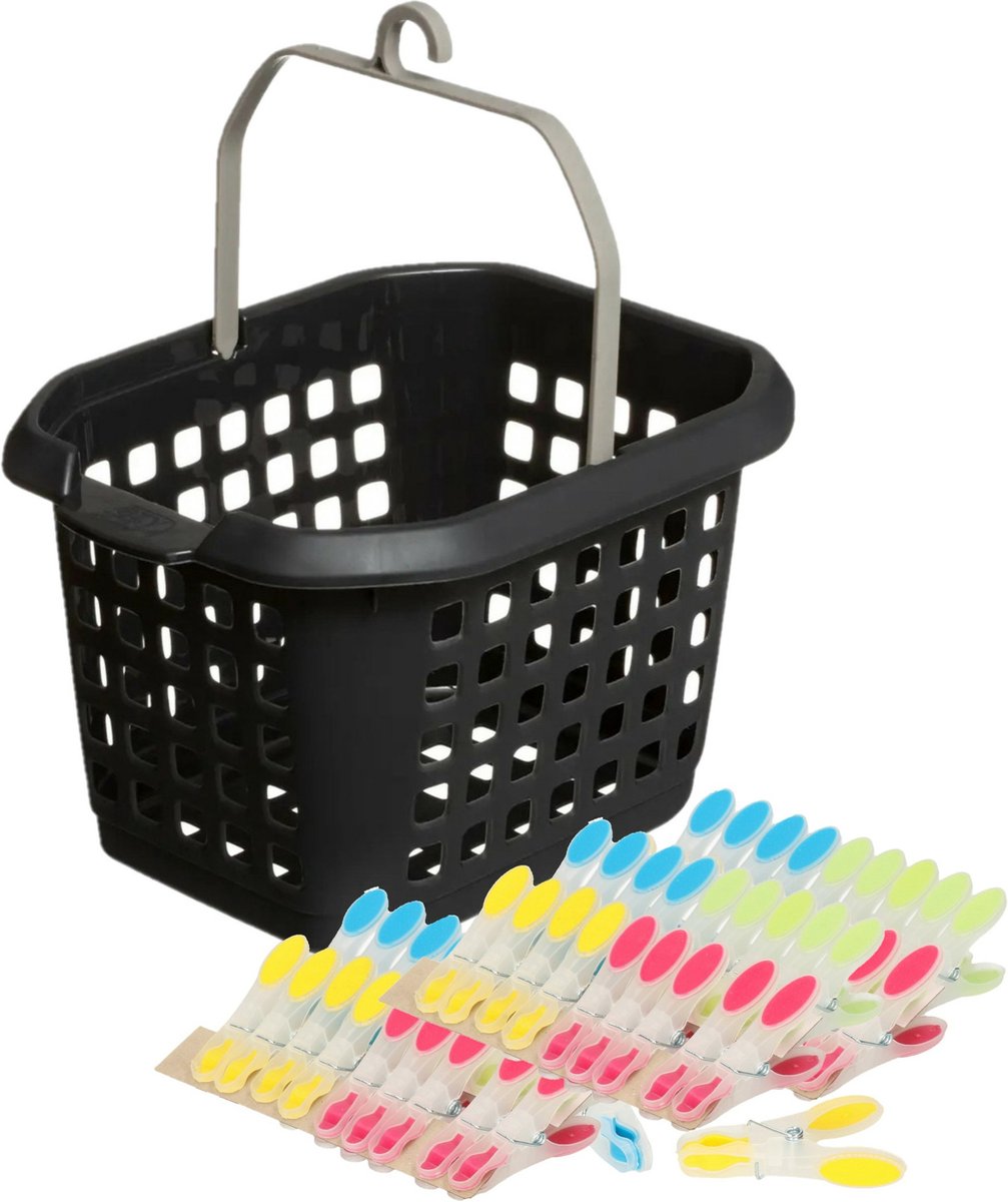 Goedkoopste Wasknijpers ophang mandje/bakje - zwart - met 60x plastic soft grip knijpers