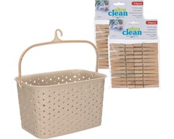 Wasknijpersmandje met ophanghaak - beige - en 48x houten wasknijpers 7 cm - was ophangen