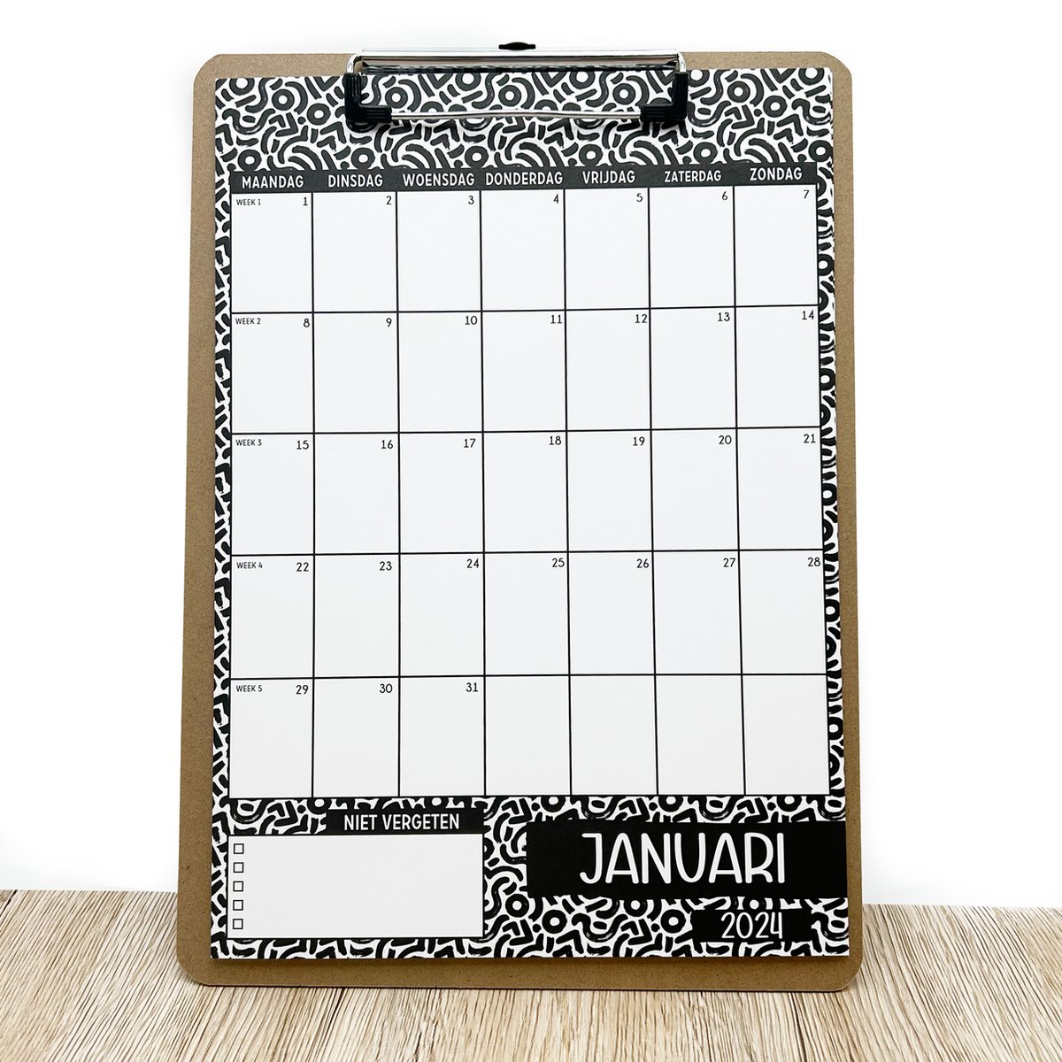 Kalender 2024 met Klembord - Wandkalender - Maandkalender ophangbaar - Maandplanner zwart wit