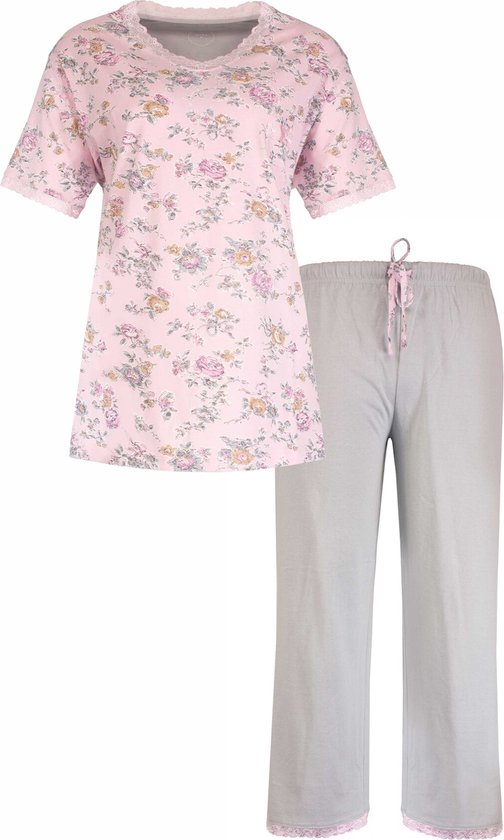 Tenderness Dames Pyjama Set - Bloemetjes Print - 100% Gekamde Katoen - Roze- Maat 3XL