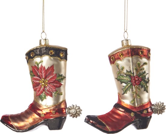 GOODWILL-COWBOY-LAARS-GLAS-ASS/2-POLY-ROOD-WIT-KERST-ORNAMENT-HANGER-11CM-PRIJS IS PER STUK