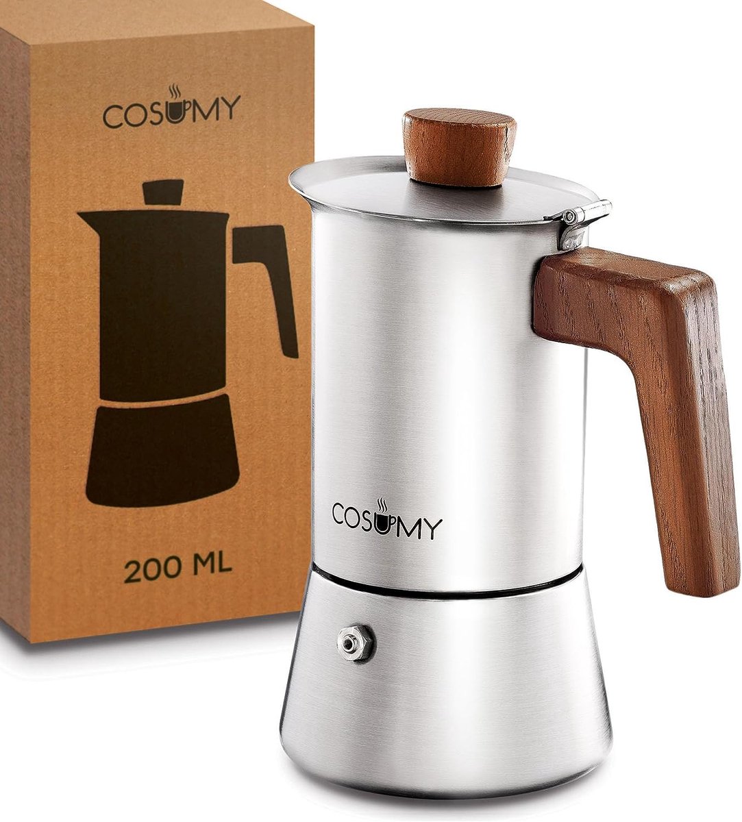 Espressomachine van roestvrij staal en duurzaam eikenhout, voor 4 kopjes, geschikt voor inductie, met extra siliconen afdichting