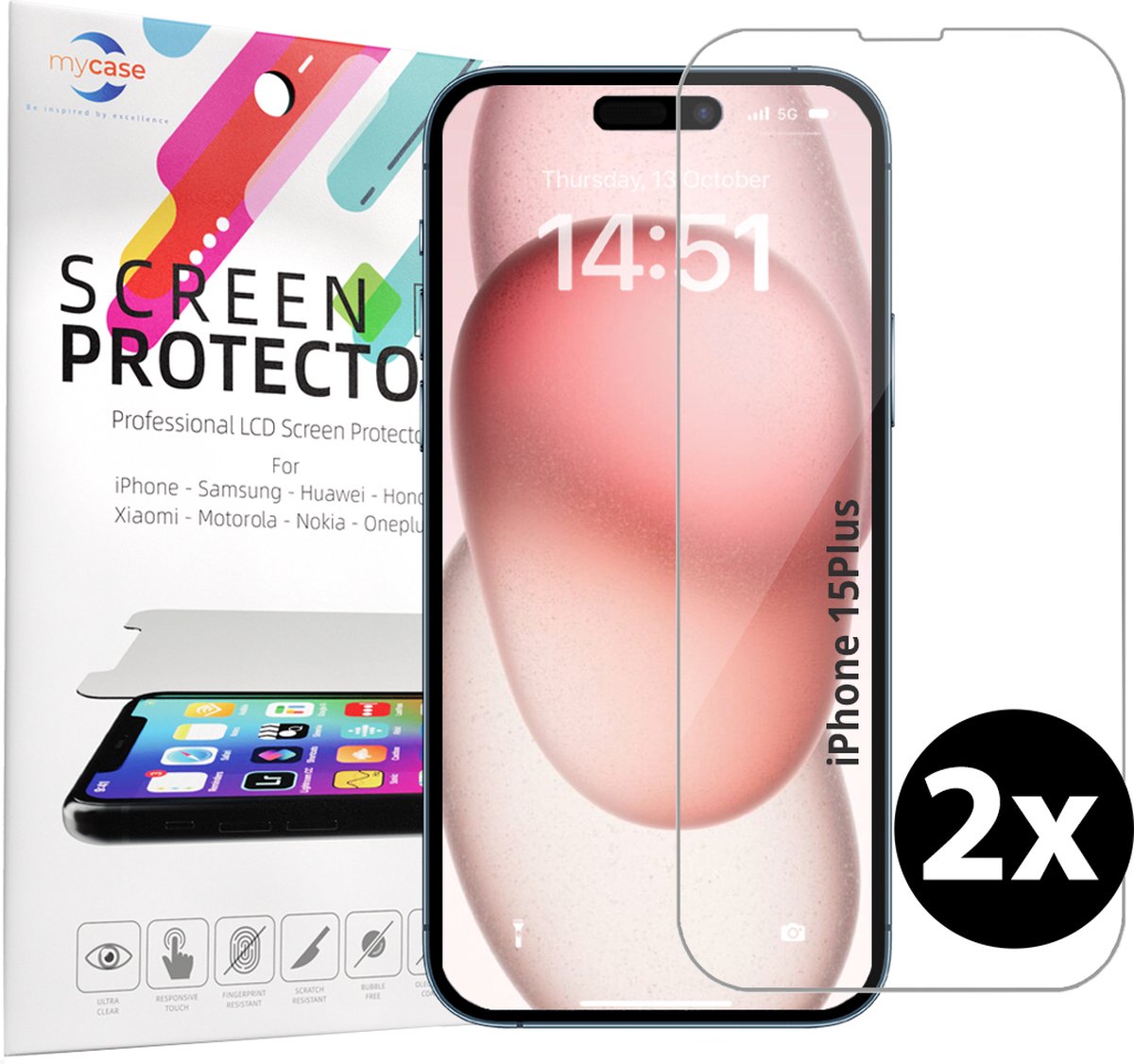 Geschikt voor iPhone 15 Plus screenprotector Tempered Gehard glas - 2 stuks screen protector